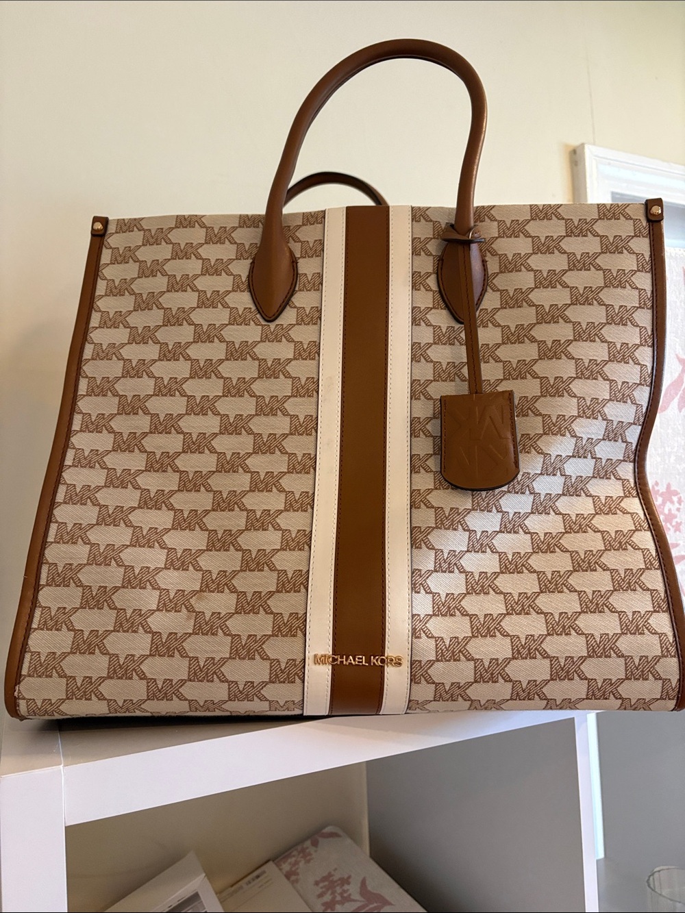 Michael Kors Cream and Tan Monogram Tote with Center Stripe